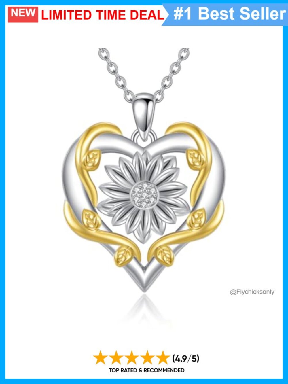 Moissanite Sunflower Heart Pendant Necklace 925 Sterling Silver Two Tone Plated